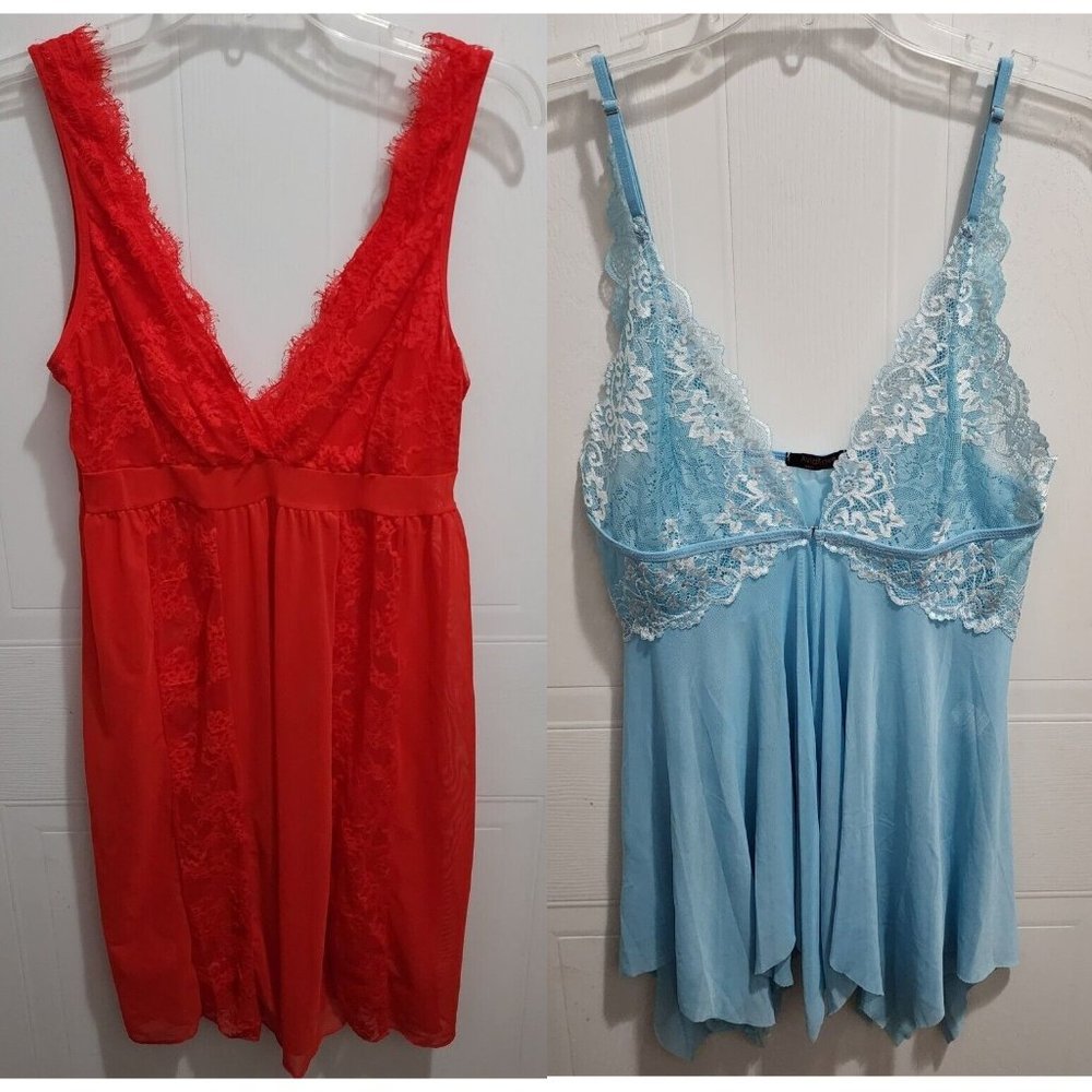 Lot of 2 Avid Love Women's Sheer Mesh Lace Lingerie Slip Dress/Top Red/Blue Sz L